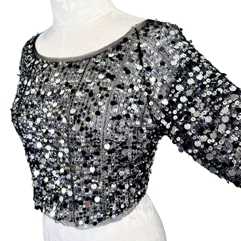 havenbleu Black Sheer Silver Sequin Cropped Long Sleeve Top Small - Picture 8 of 14